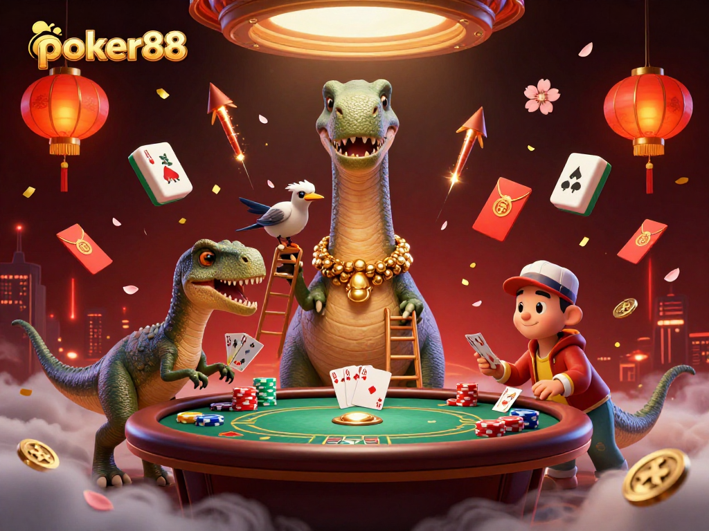 Poker88 mengajak Anda untuk merasakan sensasi kartu poker dengan brontosaurus raksasa dan raptor yang membagikan kartu.