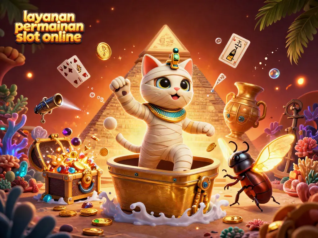 Permainan menarik layanan permainan slot online dengan elemen slot dan karakter kucing Mesir.