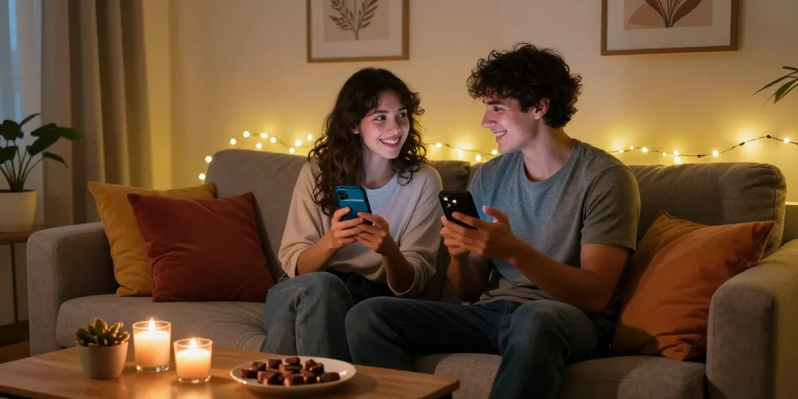 Engaging sexting ai interactions between a couple on smartphones in a cozy living room.