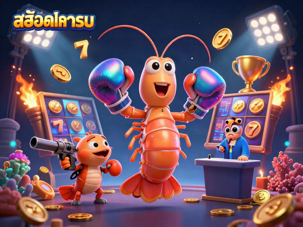 Engage with สล็อตทดลอง showcasing vibrant slot symbols and playful shrimp characters, perfect for virtual gameplay.