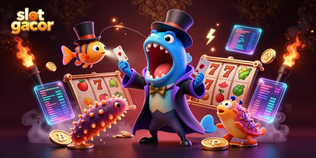 Engage with slot gacor gameplay featuring vibrant reels and colorful jackpot symbols in a playful underwater scene.