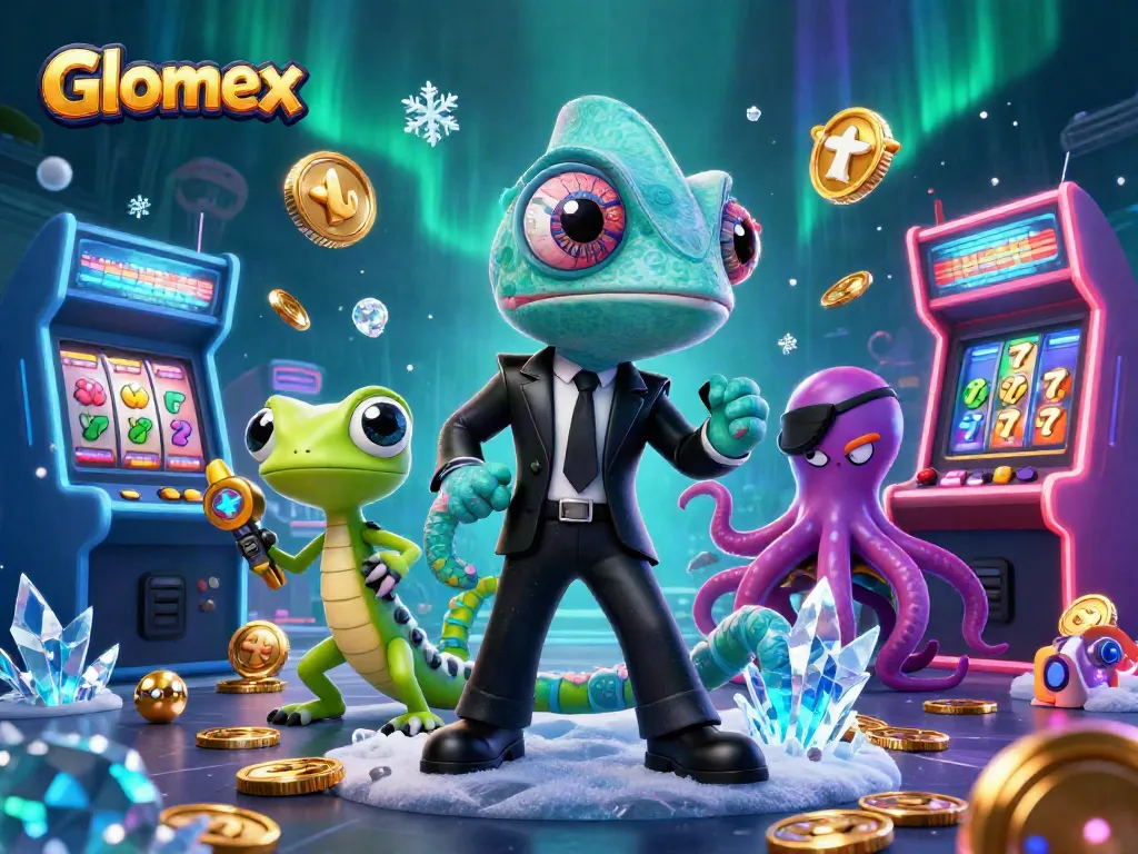 Glomex empowers gamers with vibrant slot reels and characters in an action-packed casino scene.