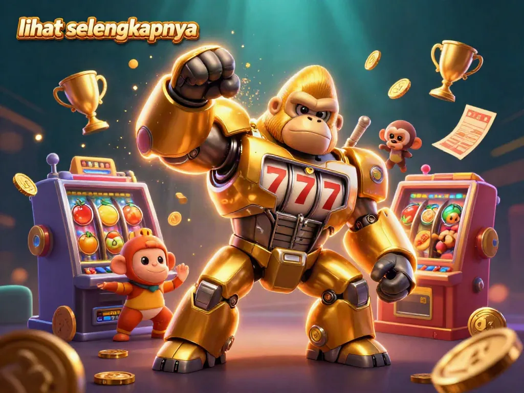 Rasakan pengalaman bermain slot dalam ilustrasi dinamis lihat selengkapnya dengan karakter gorila mekanis dan elemen slot menyebar di seluruh gambar.