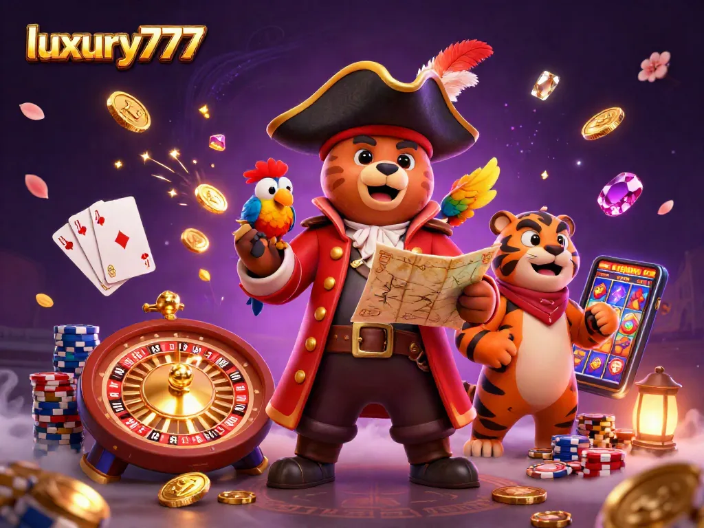 Experience the thrilling world of luxury777 with a pirate captain bear, tiger first mate, and golden treasures.
