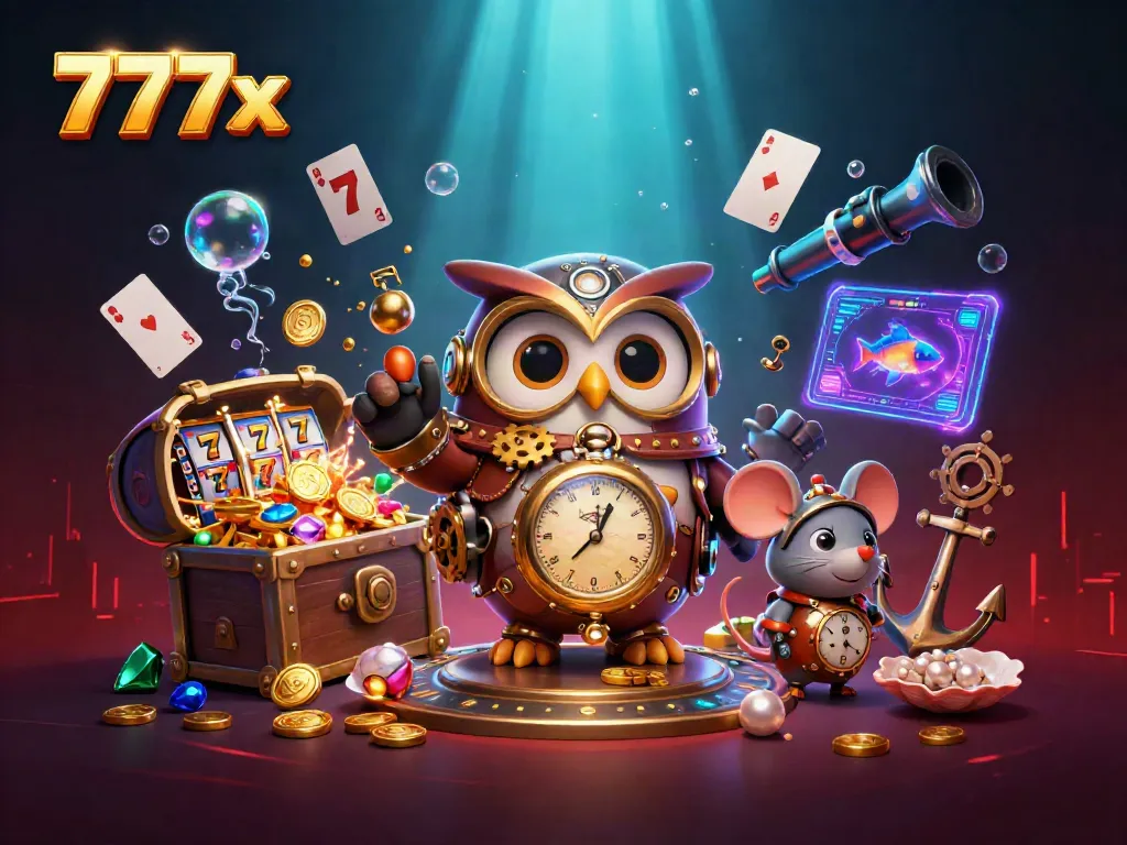 Experience the thrilling world of 777x casino with time-traveling characters amidst vibrant game elements.