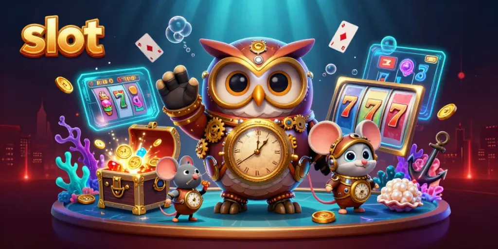 Raih jackpot dalam permainan slot dengan ilustrasi 3D yang menampilkan karakter unik dan elemen kasino.