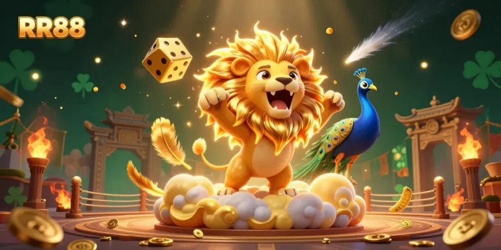 Experience the excitement of RR88 casino with vibrant characters and dynamic golden elements.
