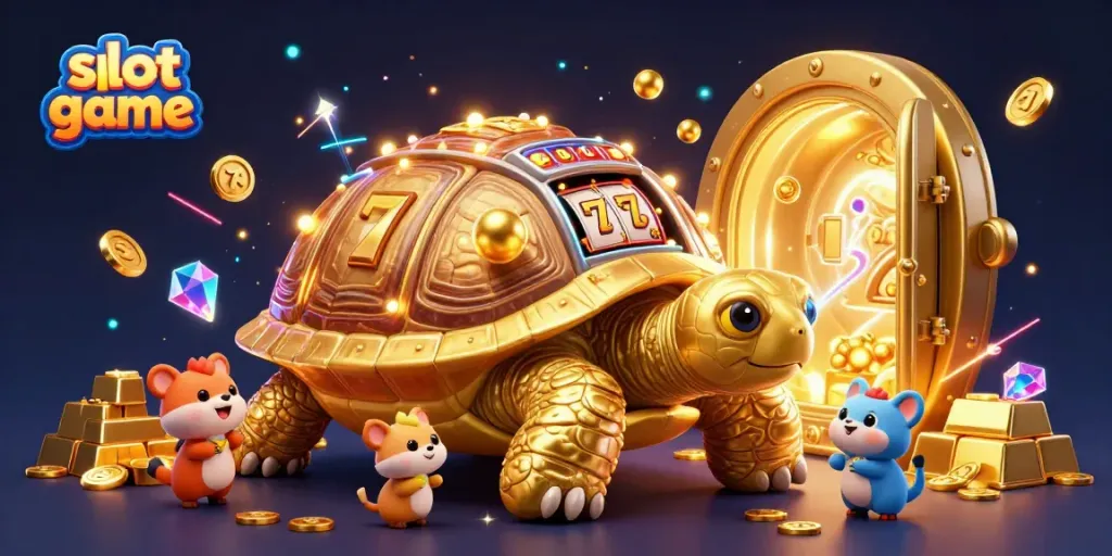 Experience the excitement of a slot game with a colossal tortoise in a vibrant casino scene.