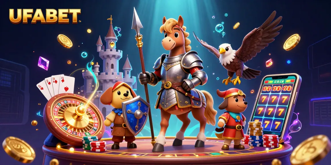 Bet on games with UFABET, featuring vibrant characters, coins, and casino elements.
