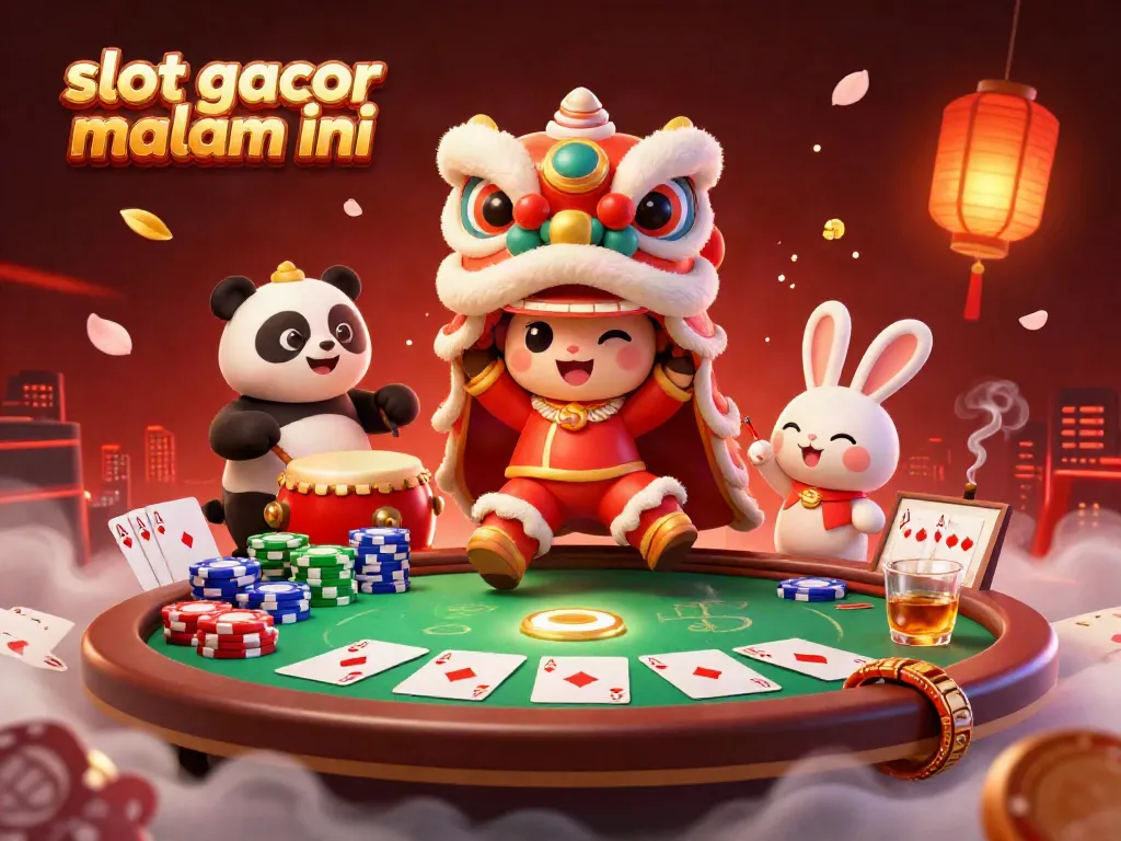 Gambar kasino yang menampilkan slot gacor malam ini dengan kostum tarian singa, dikelilingi chip poker berwarna-warni.