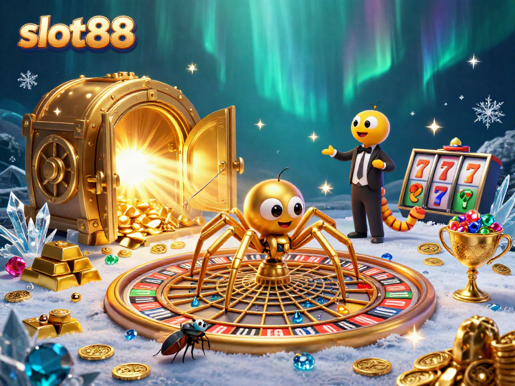 Engage in thrilling slot88 gameplay with a golden spider and croupier in an immersive casino scene.