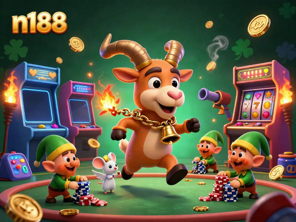 Experience the lively action of n188 with cartoon characters in a vibrant casino scene featuring festive gambling elements.