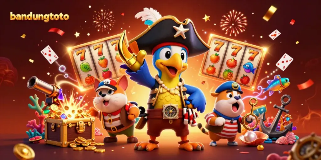 Engage in bandungtoto gaming with vibrant 3D scene showcasing slots, treasures, and characters.