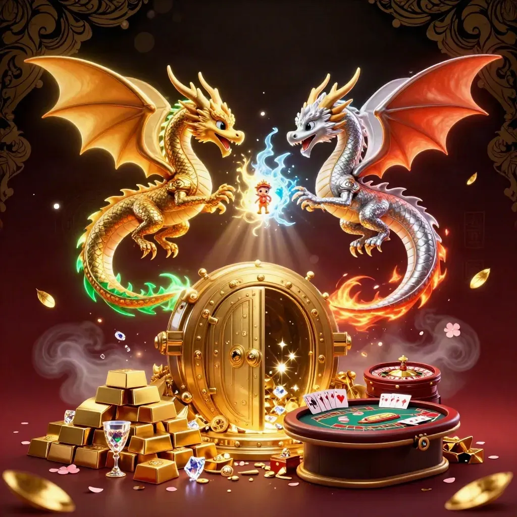Twin gold and silver dragons spiral around treasure, a vault, roulette wheel, and casino table in dramatic light.