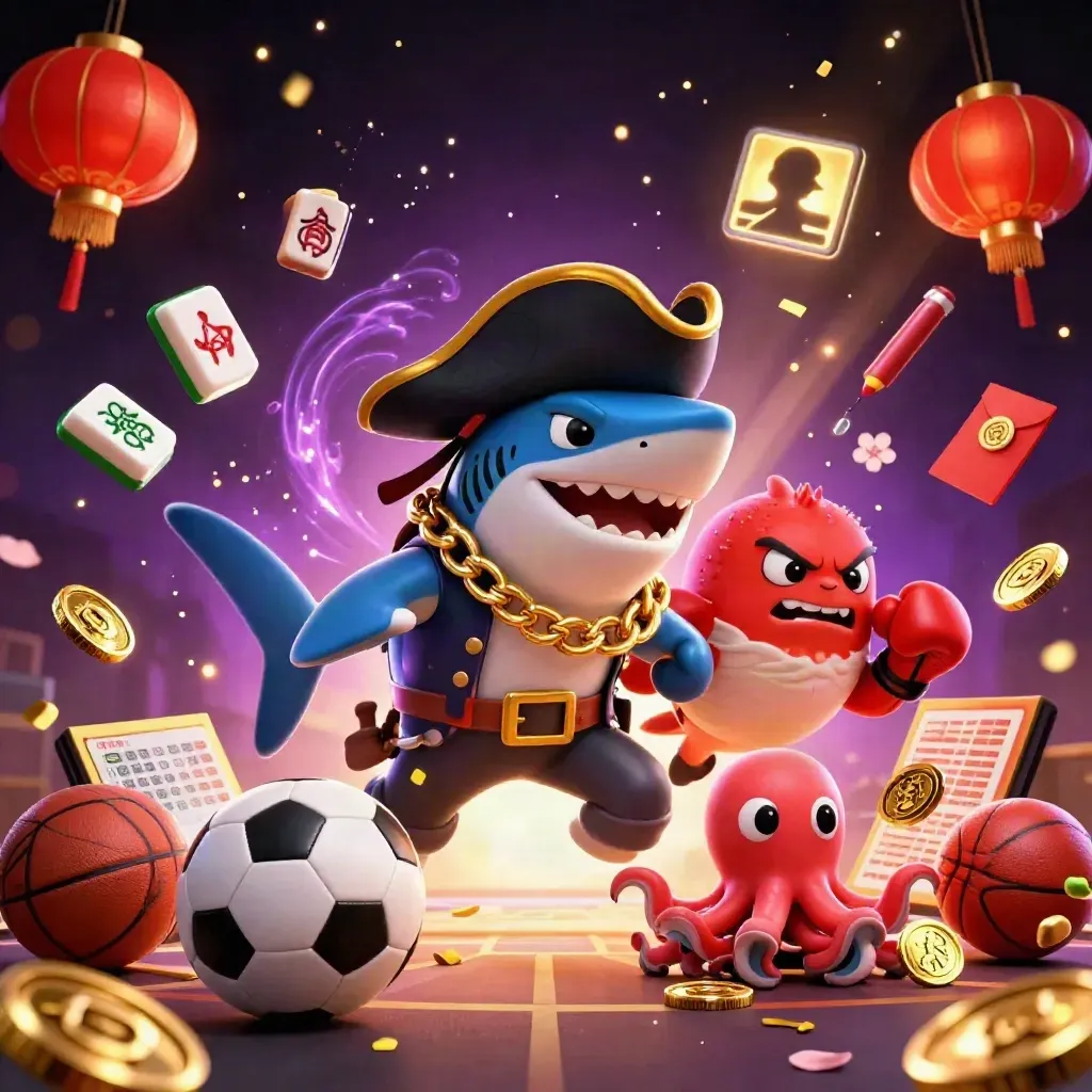 Pirate shark, pufferfish, and octopus amid casino props and neon gold effects.