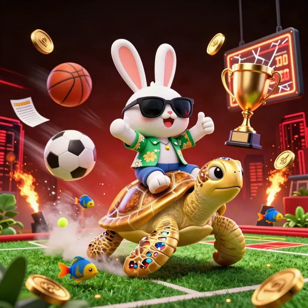 Rabbit rides a golden turtle as sports balls, coins and lights burst in a casino-sport splash.