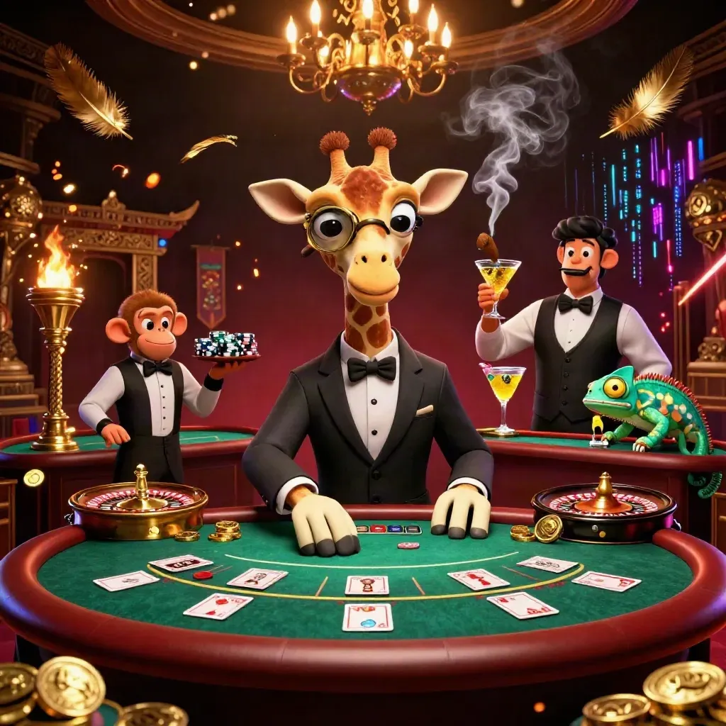 Cartoon giraffe, monkey valet, and chameleon bartender in a luxe casino with glowing effects.