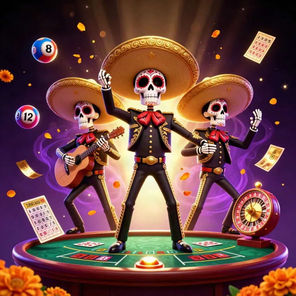 Skeleton mariachi trio in a glowing casino scene with spinning wheel, balls, and gold lights.