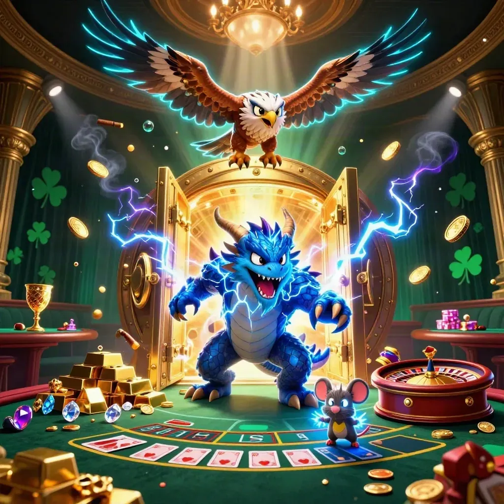 Thunder dragon, hawk, and mouse amid vault gold, roulette, cards, and neon casino glow