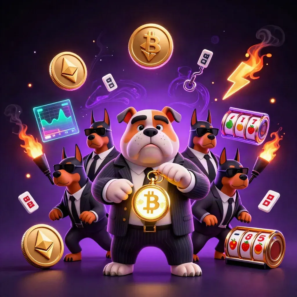 Bulldog boss with two Dobermans amid glowing casino coins, reels, and neon energy.