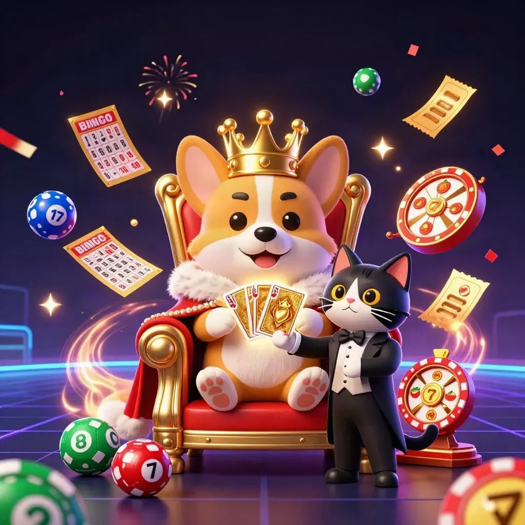 Royal corgi and cat butler on poker-chip throne amid casino prizes and neon effects