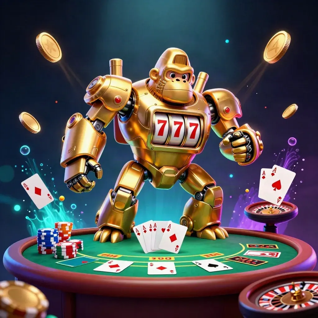 Golden gorilla mech with tiny monkey pilot amid spinning cards, chips, coins, and neon casino lights.