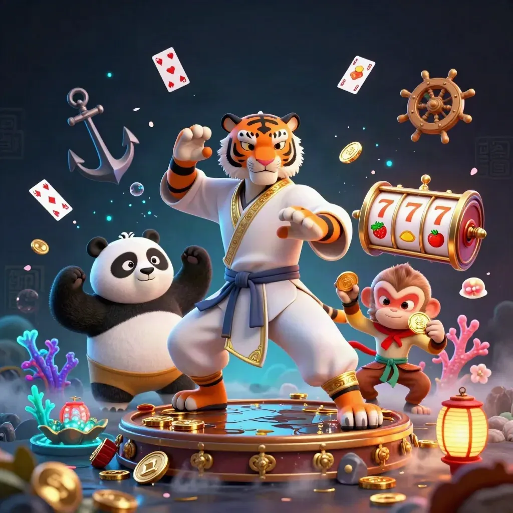 Kung-fu tiger, panda, and monkey in a gold casino treasure cove with coins, coral, cards, and reels.