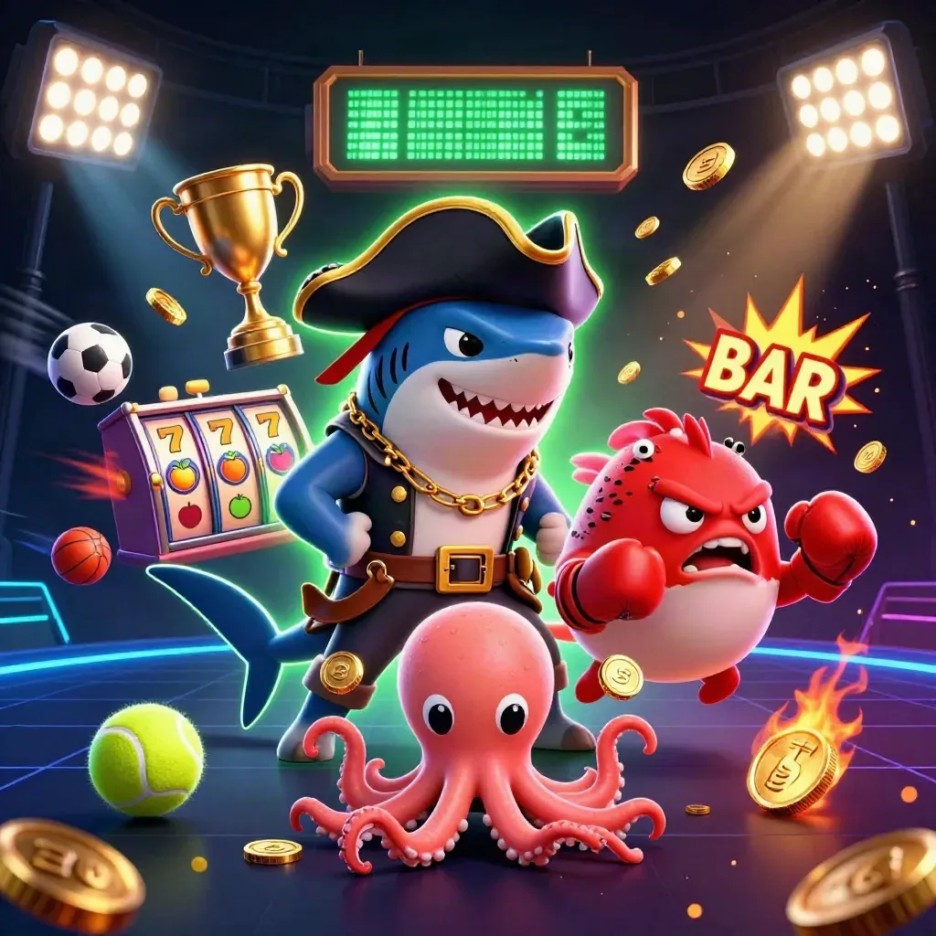Pirate shark captain, boxing pufferfish, and coin-juggling baby octopus in neon casino chaos.