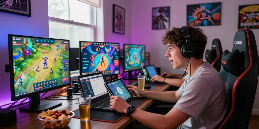 Engaged player experiencing lotus365 live betting in vibrant gaming den.