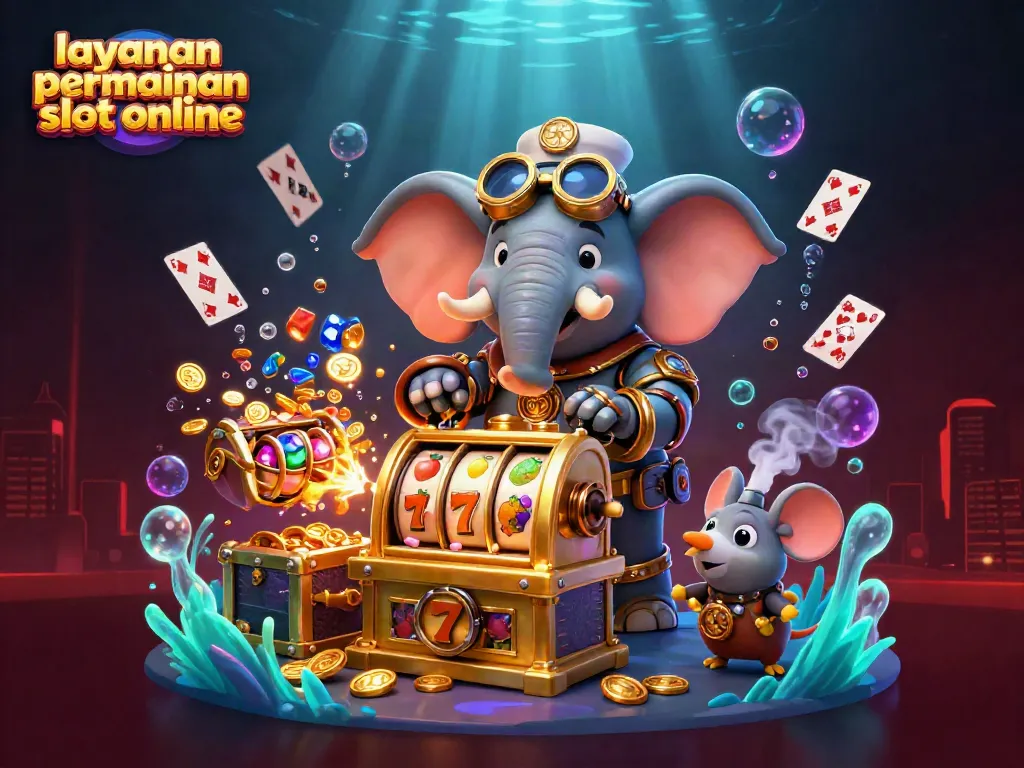 Gambar penuh warna tentang layanan permainan slot online dengan elemen slot modern dan karakter karikatur