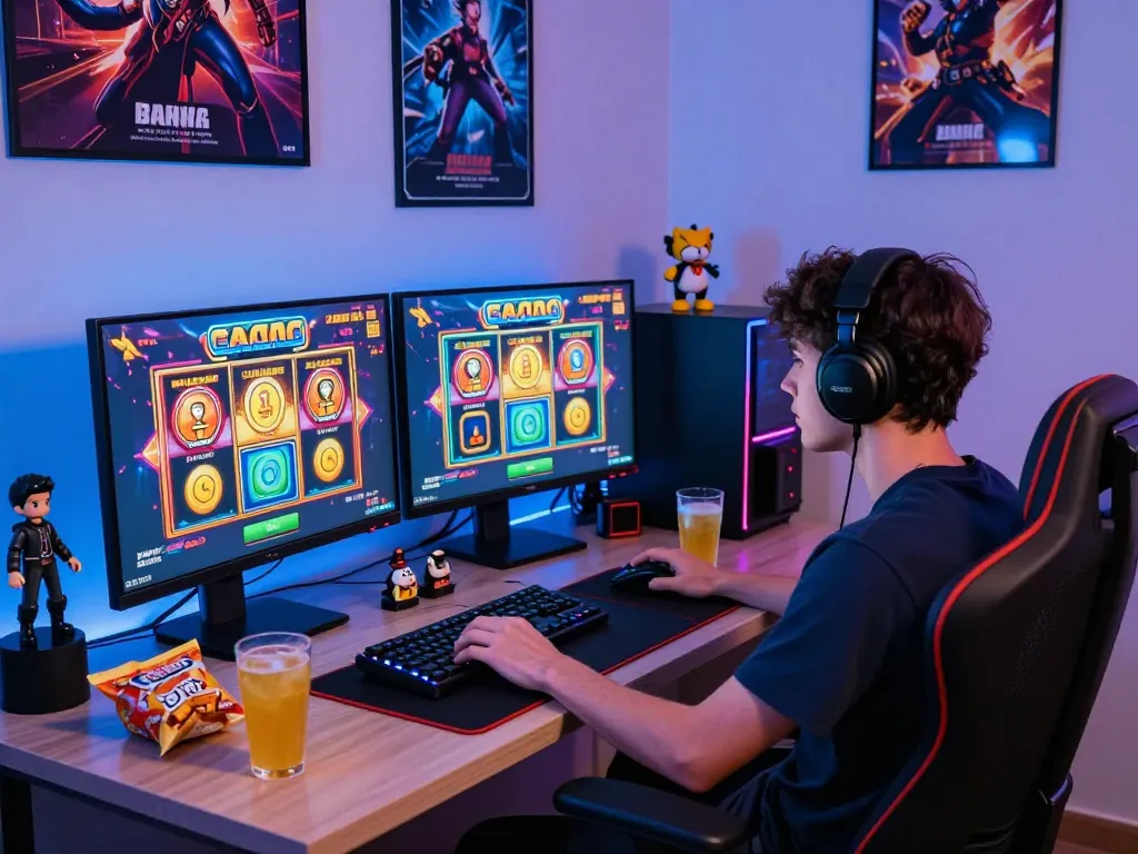 Adegan permainan slot online gacor yang menggembirakan dengan pemain di meja rumah yang diterangi.