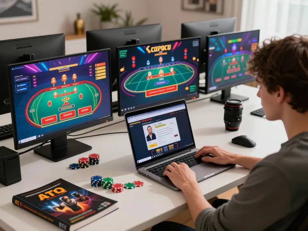 A player engaging with an ATQ online casino game at home, surrounded by strategy notes and gaming setup.