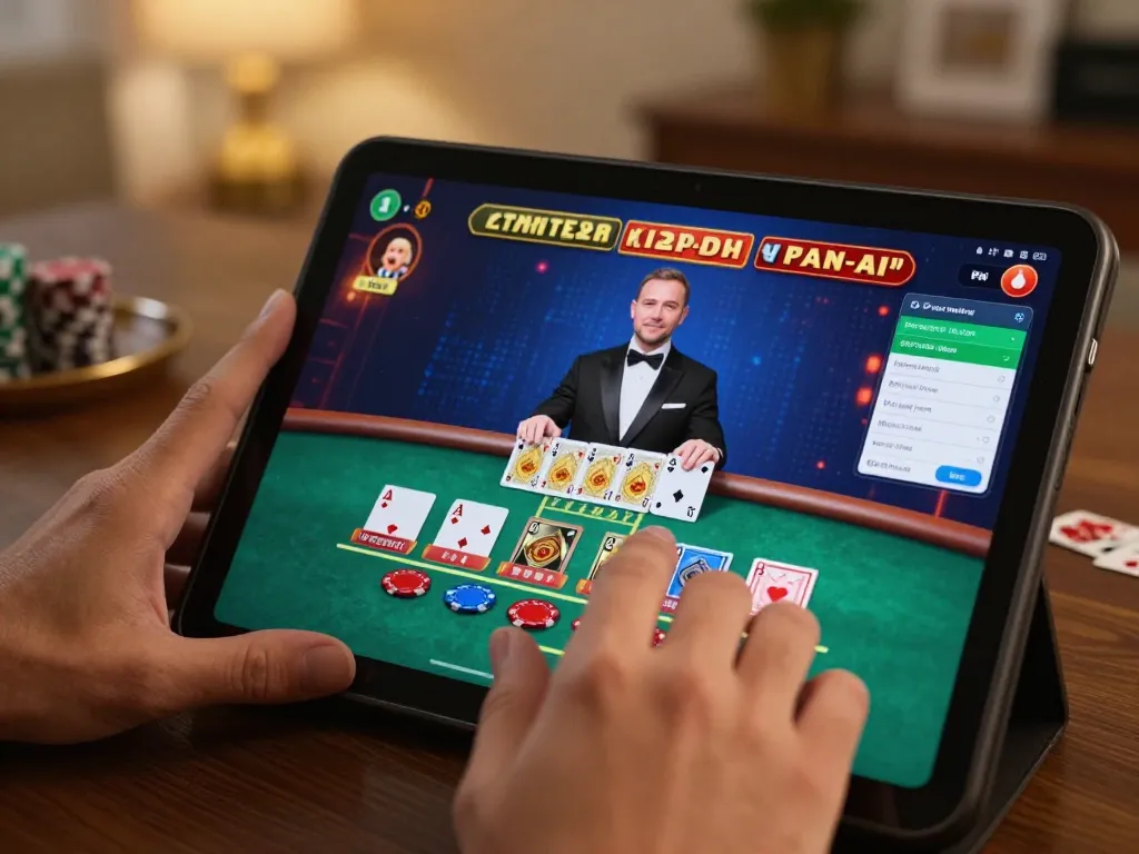 cm88 player engaging with live dealer blackjack game on tablet in a cozy home setting