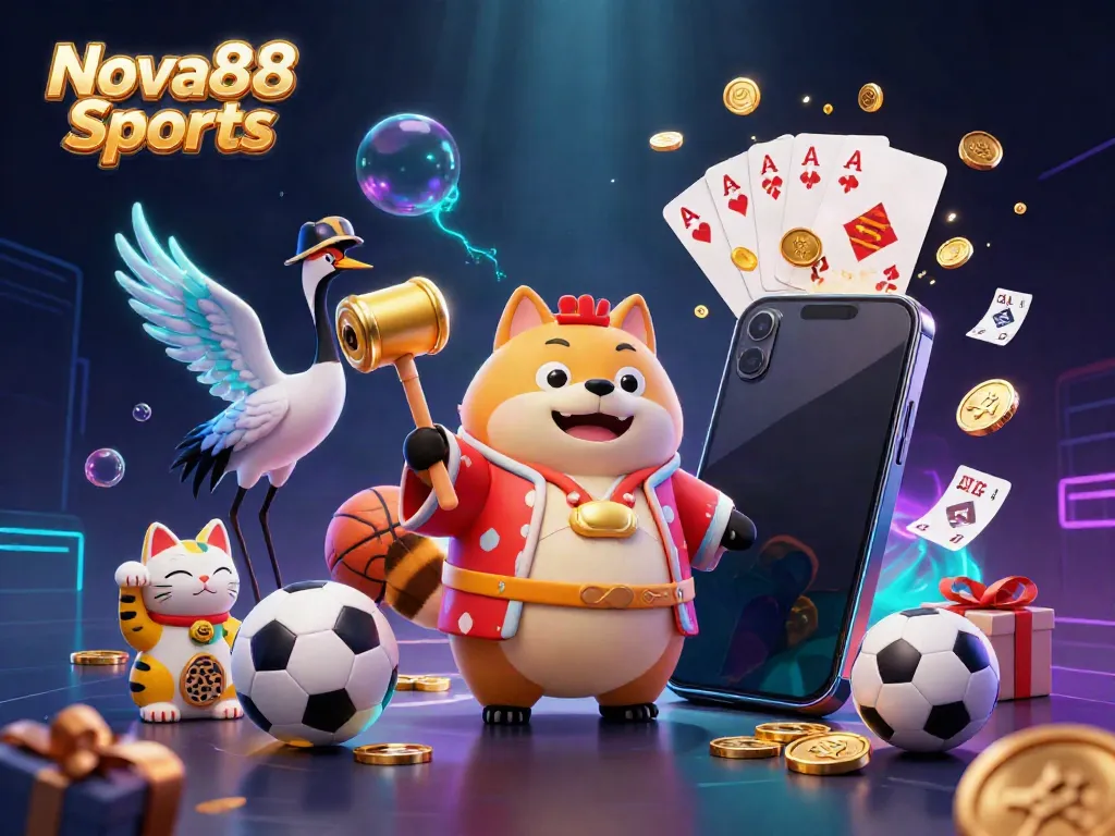 Engage with Nova88 Sports featuring a cheerful tanuki with sports elements, vibrant betting visuals, and neon designs.