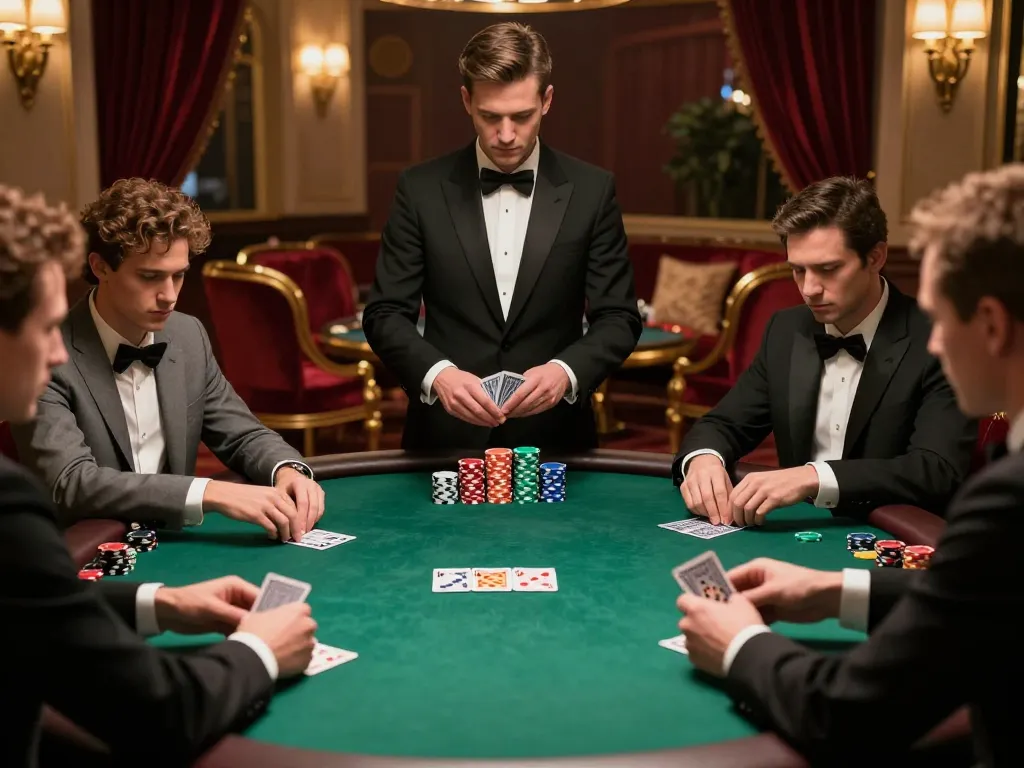 Engaged players calculate their strategies at a poker table in LuckyIndex casino.