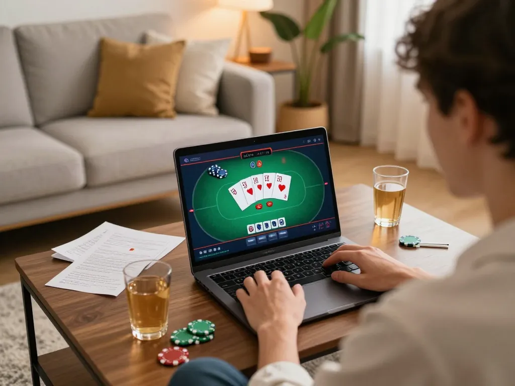Engaging in online poker gameplay on https://luck8.review/, showcasing a cozy home setup for responsible entertainment.
