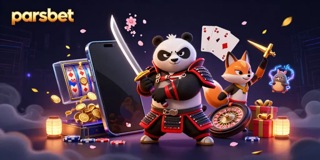 parsbet ile eğlenceli oyun unsurlarını hayata geçiren 3D panda ve ninja illüstrasyonu