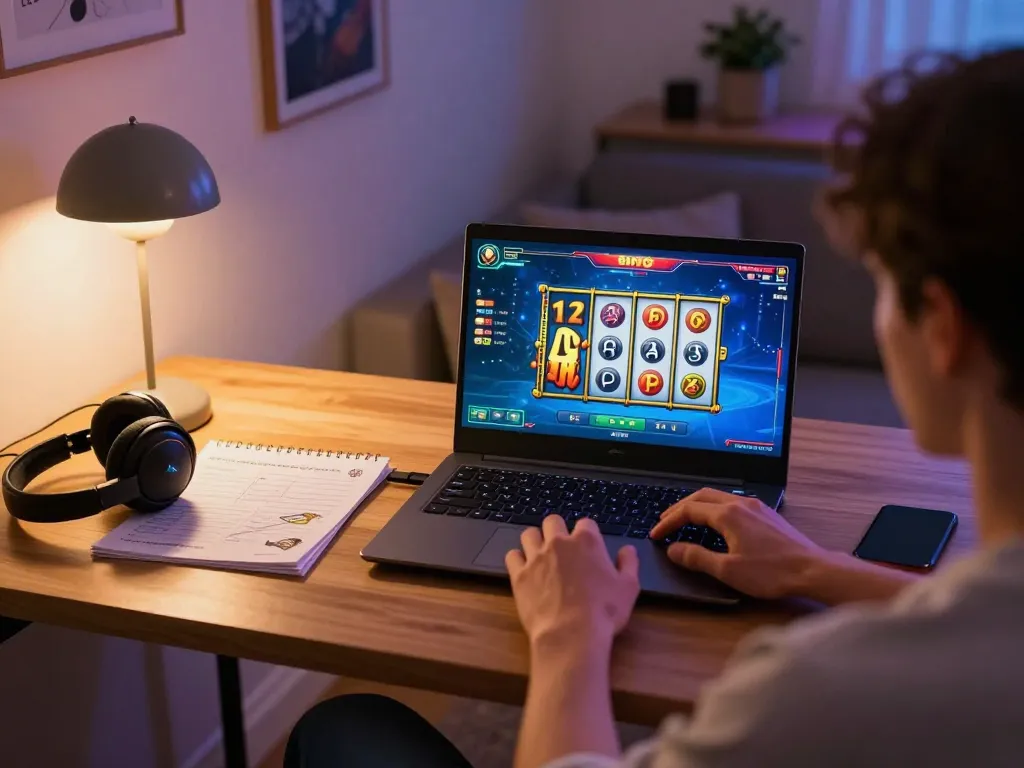 situs slot gameplay on laptop in a cozy home setting with strategy notes and ambient lighting