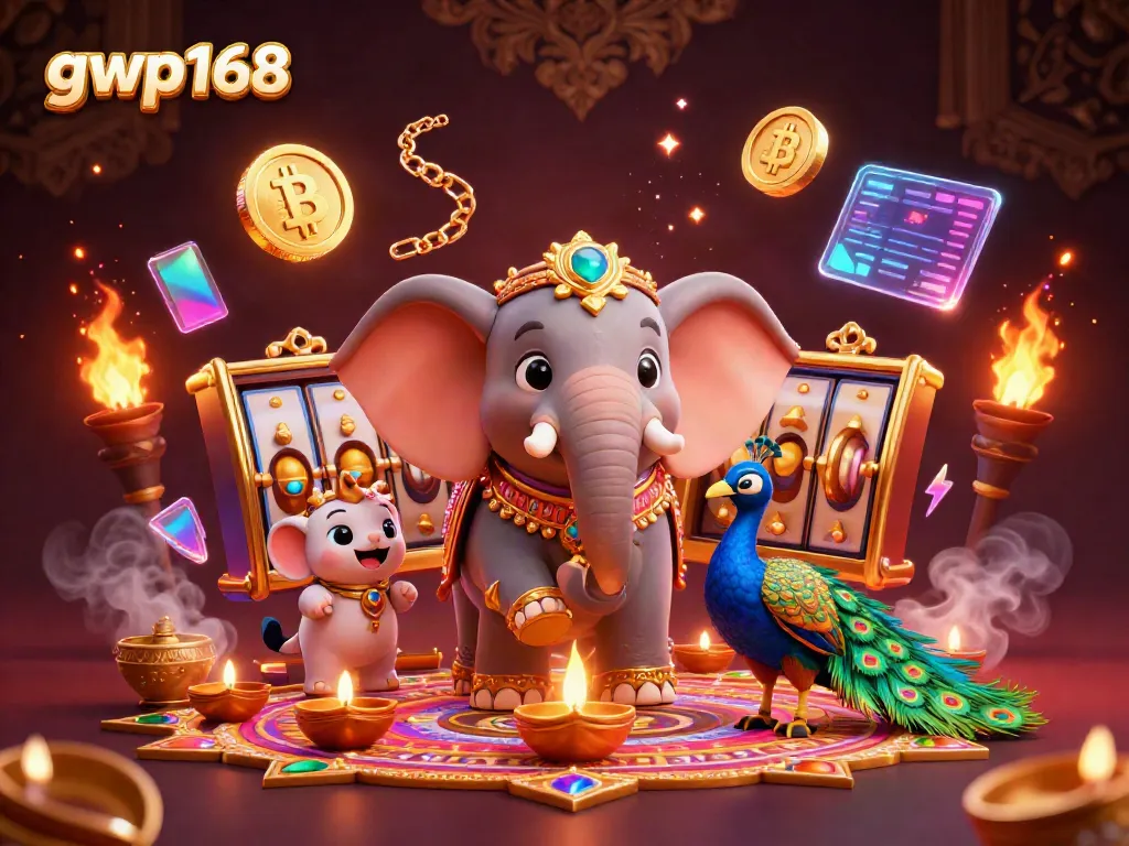 GWP168 mempersembahkan pengalaman bermain aman dengan slot online dan elemen warna-warni di sekitarnya.
