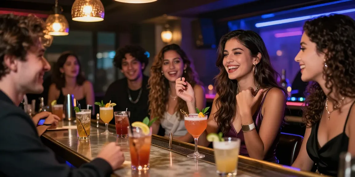 Gái gọi tận hưởng không gian bar sang trọng cùng bạn bè, tận hưởng cocktail và ánh đèn neon.