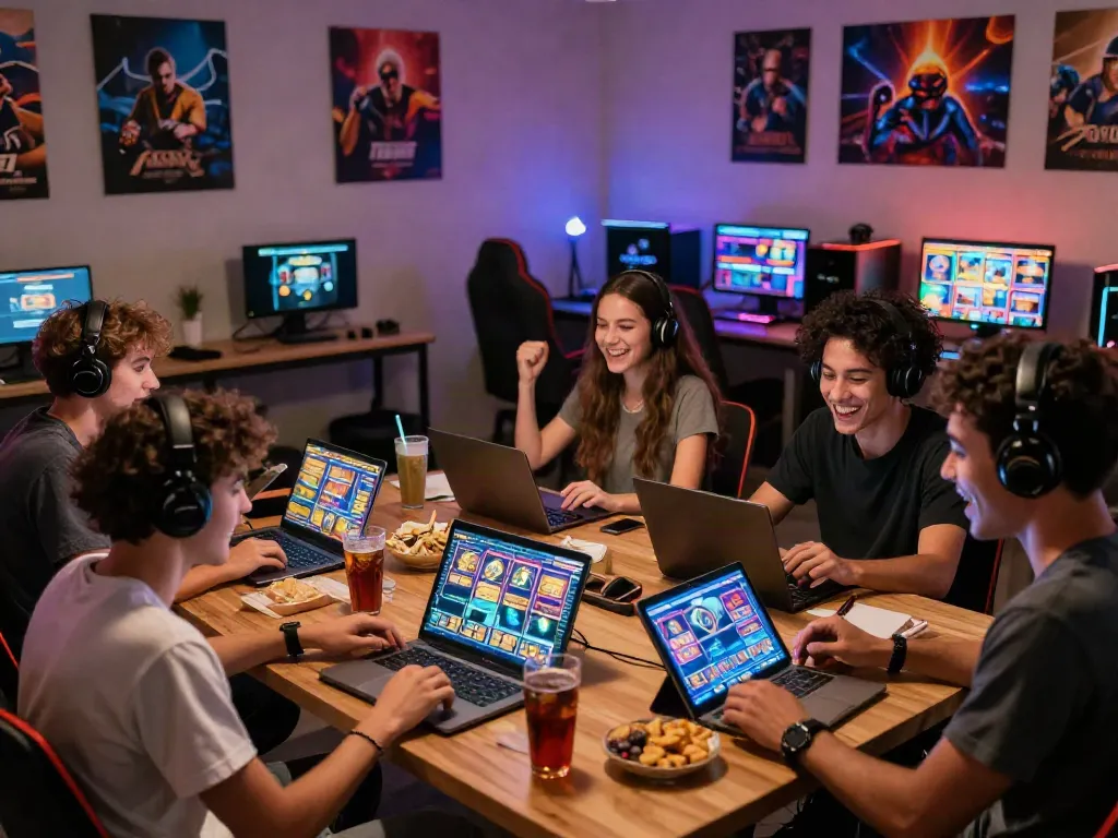 Friends enjoying the slot88 gaming experience together in a modern lounge.