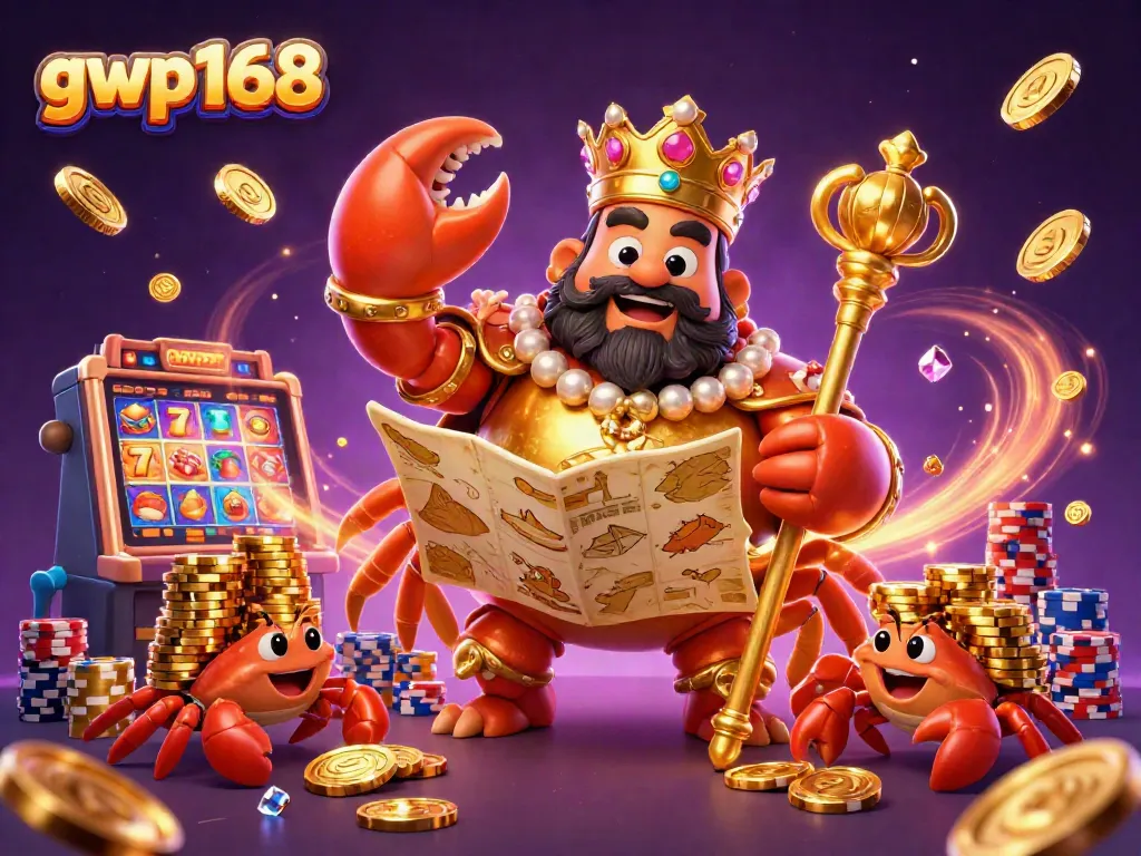 gwp168 menghadirkan ilustrasi kasino digital dengan kepiting emas dan simbol slot yang megah.