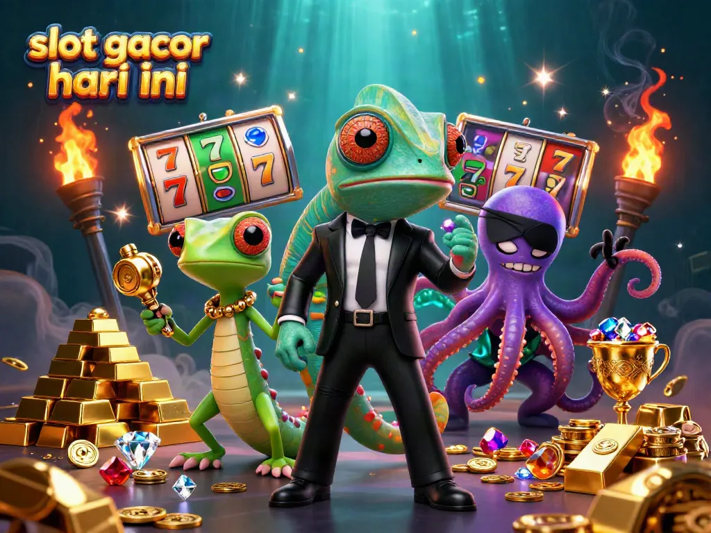 Gambir menarik di slot gacor hari ini dengan chameleon dan gecko yang berpadu dengan suasana kasino.