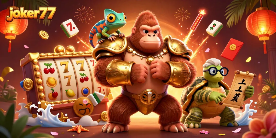 jackpot excitement at joker77 with a gorilla king, chameleon, and tortoise among vibrant casino elements