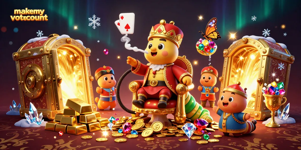 Engage in the vibrant world of makemyvotecount, showcasing a dazzling casino scene with poker symbols and treasures.
