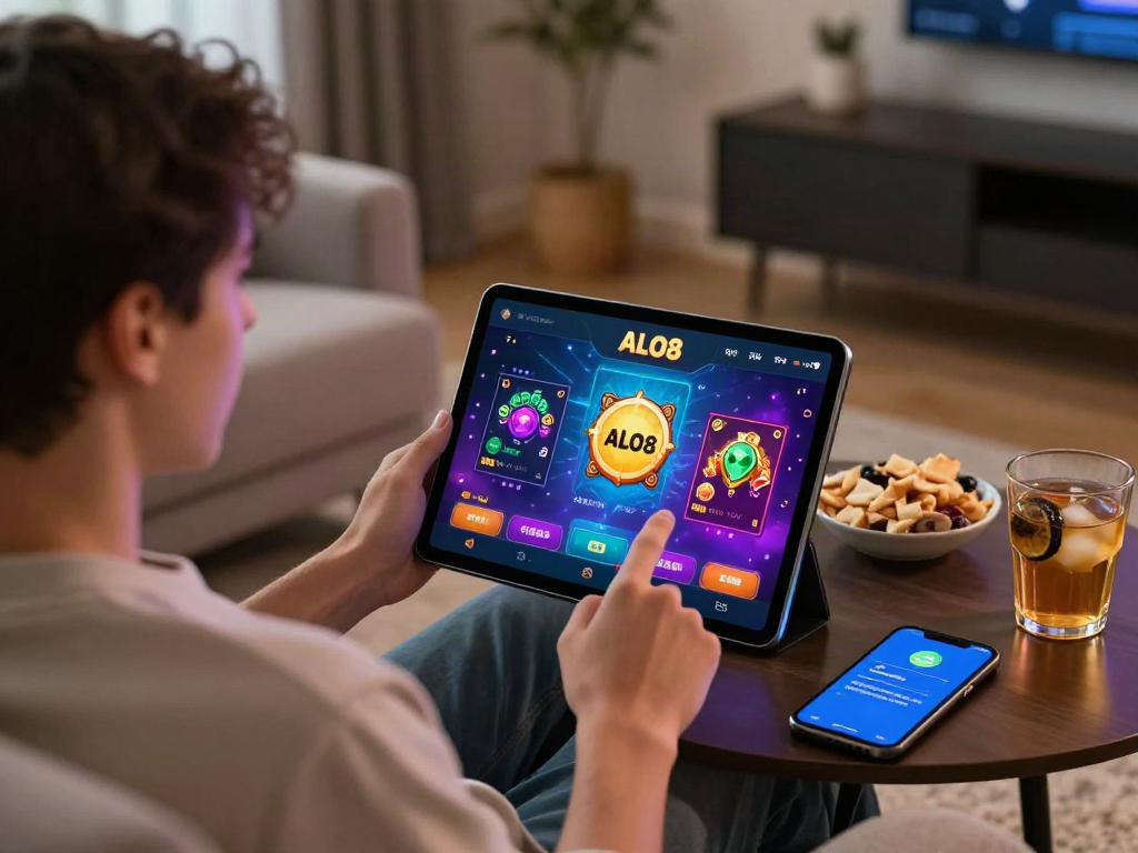 Engaged user exploring TRANG CHỦ ALO8 app in a vibrant online betting environment with gaming graphics.