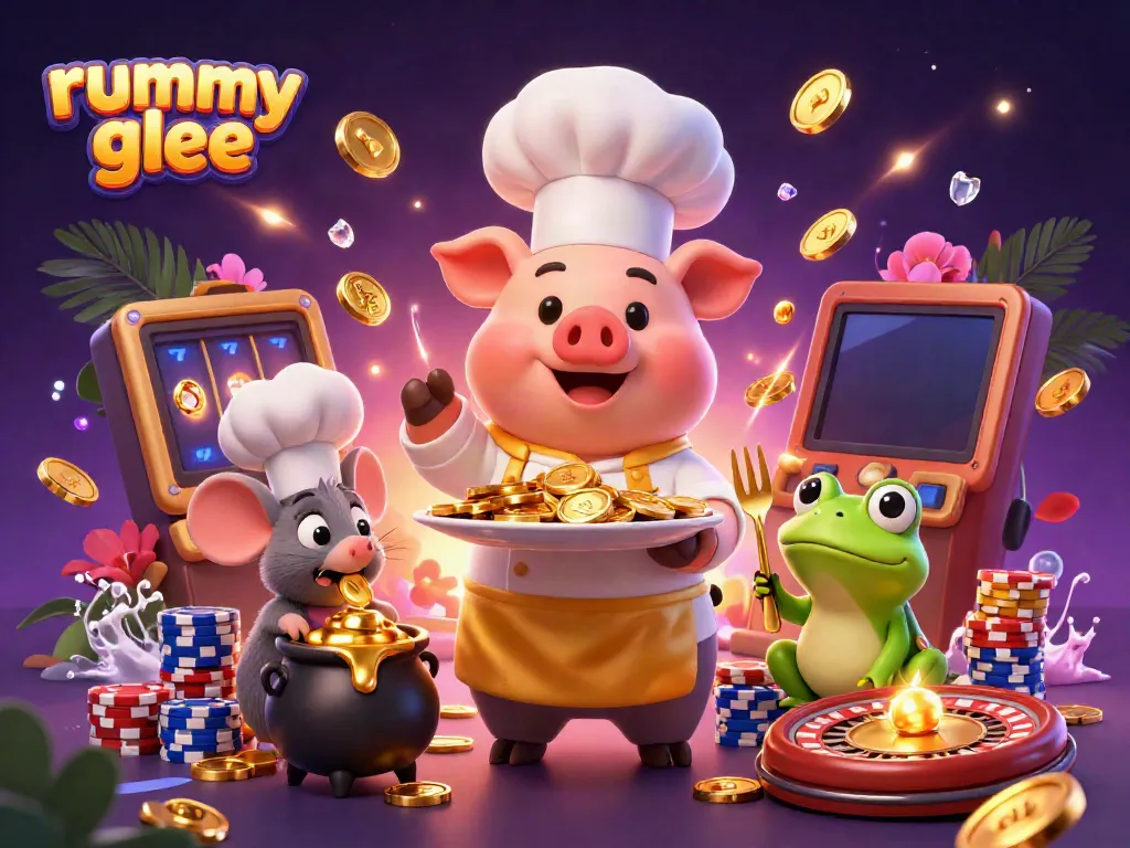 Rummy Glee menyajikan gambar ilustrasi kasino 3D penuh detail dengan karakter babi, tikus, dan katak yang terlibat dalam permainan kartu.
