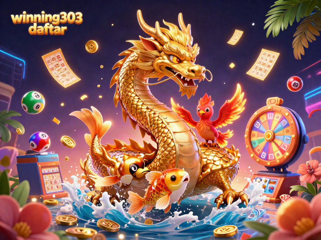 Experience winning303 daftar with exciting lottery elements and vibrant characters in a 3D gaming illustration.