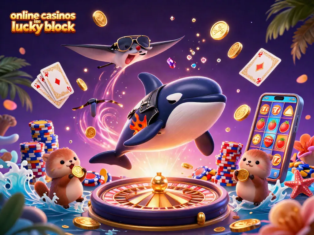 Experience the thrill of online casinos like Lucky Block with vibrant cartoon characters in a casino scene.