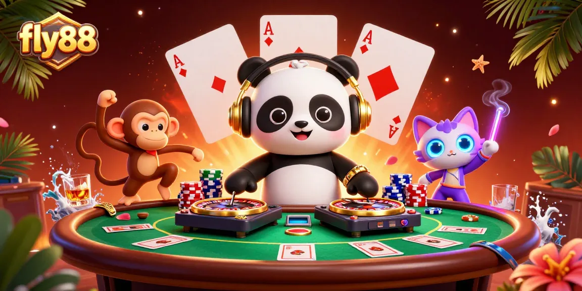 Experience the vibrant gaming scene with fly88, showcasing playful characters in a dynamic casino atmosphere.